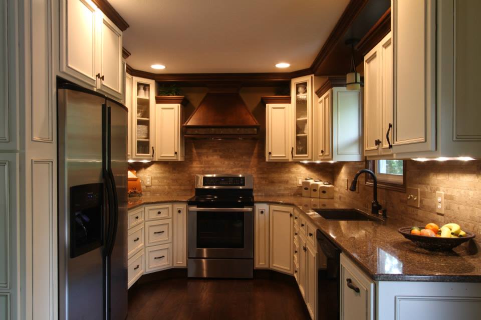 cabinets dark colored cream floors kitchen wood trim maple panel flat hand engineered shaped window ample above